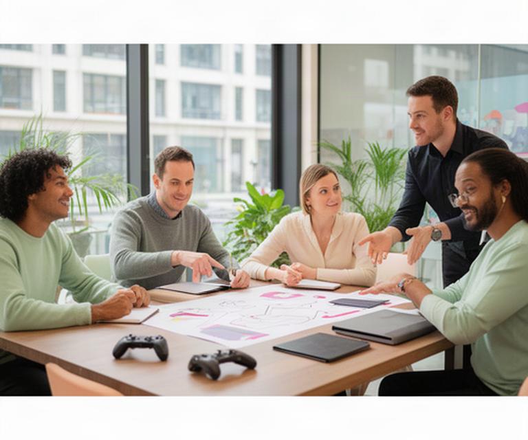 Guild leaders and content creators planning a blockchain gaming session around a table in a bright London workspace