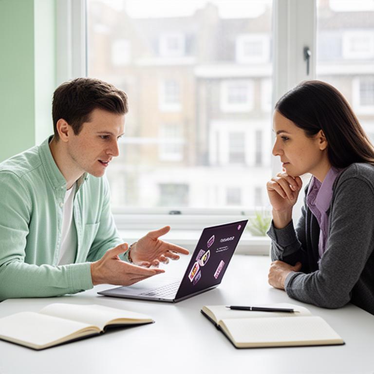 Coach and adult student reviewing NFT game strategy on a laptop at a bright London desk