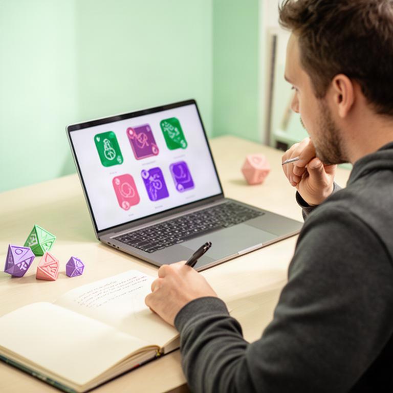 UK gamer taking notes beside a laptop showing a collectible card game strategy screen