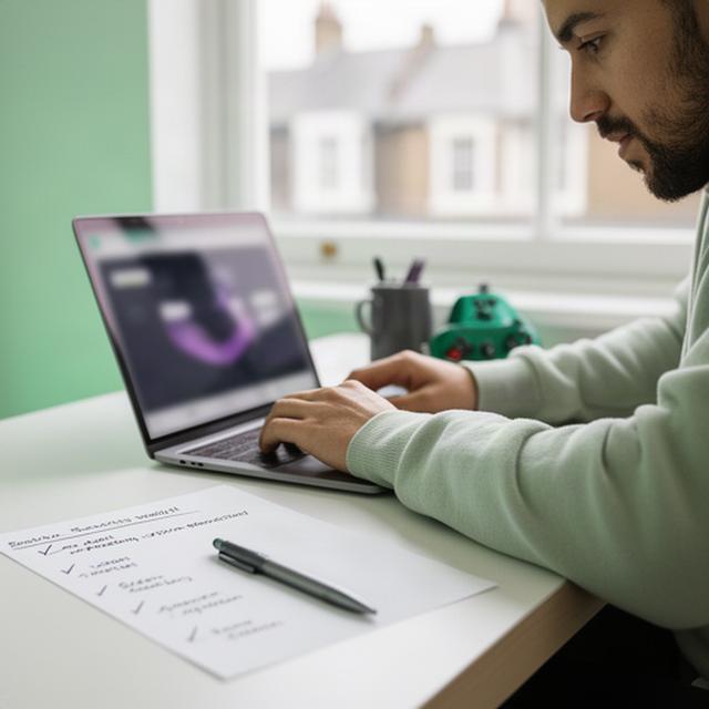 Player checking a Web3 wallet on a laptop beside a handwritten security checklist in a bright London home office