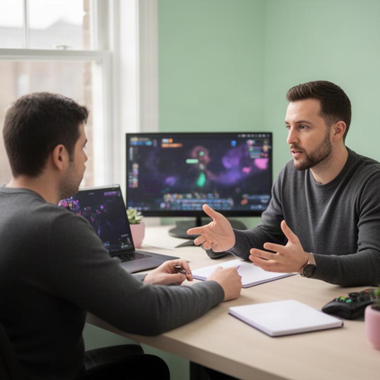 Gaming coach reviewing a blockchain game strategy with a player at a London desk